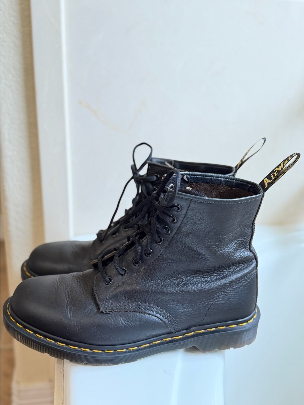 Dr. Martens Black Leather Lace-Up Boots with Yellow Stitching